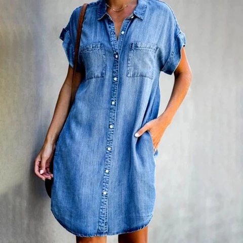 Γυναικείο Casual Denim Φόρεμα Πουκάμισο Κοντό Μανίκι Με Κουμπιά Mini Φόρεμα Πουκάμισο Με Τσέπες Μεγάλο Μέγεθος Μονόχρωμο