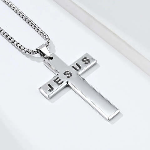 Collar Colgante Cruz Acero Inoxidable Grabado Jesús Pulido Brillante Hip Hop Joyería De Moda Para Hombres Mujeres