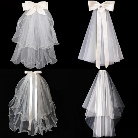 Bridal Wedding Veil Double Layer Tulle Bowknot Short Headpiece For Bride Photography Engagement Party Elegant White Accessory