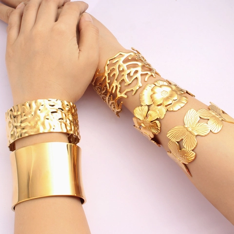 Gold Stainless Steel Cuff Bangle Hammered Floral Butterfly Cutout Wide Bracelet Fashion Jewelry For Women