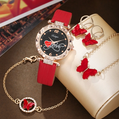 Women Fashion Quartz Watch Rhinestone Heart Dial Faux Leather Strap Casual Retro Necklace Bracelet Earrings Ring