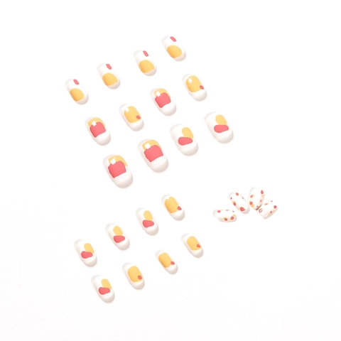 Press On Nails Short Round Artificial False Nail Tips Cute Abstract Geometric Color Block Minimalist Glossy Manicure