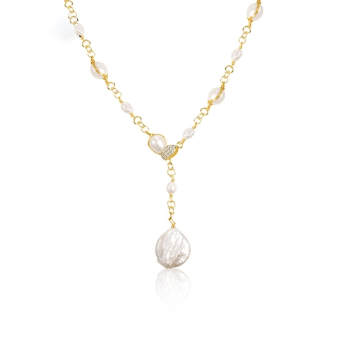Élégant Collier en Y Perle d'Eau Douce Baroque Or Champagne Cuivre Strass Chaîne de Clavicule Bijoux pour Femme Cadeau