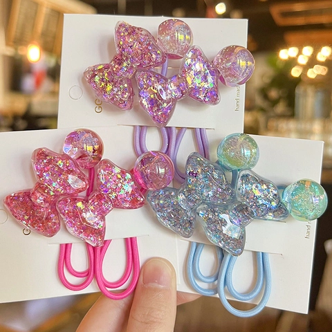 Elastici Per Capelli Bambini Fiocco Colorato Acrilico Glitter Paillettes Alta Elasticità Corde Per Capelli Per Ragazze Stile Principessa