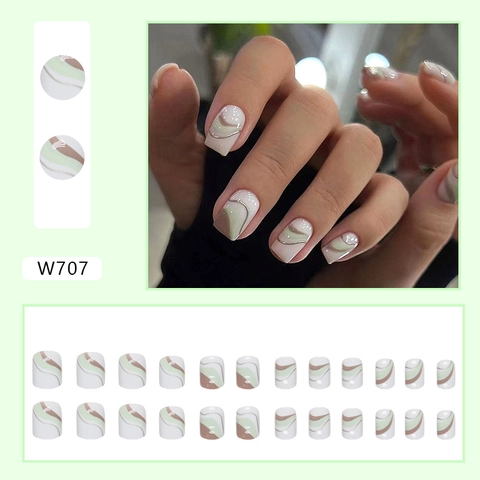 Press On Nails Short Square Round Fake Nail Tips Wavy Pattern Sage Green Coffee Brown Glossy Artificial Manicure