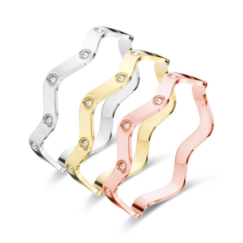 Wave Shaped Bangle Stainless Steel Cubic Zirconia Inlaid Elegant Geometric Water Ripple Jewelry For Women