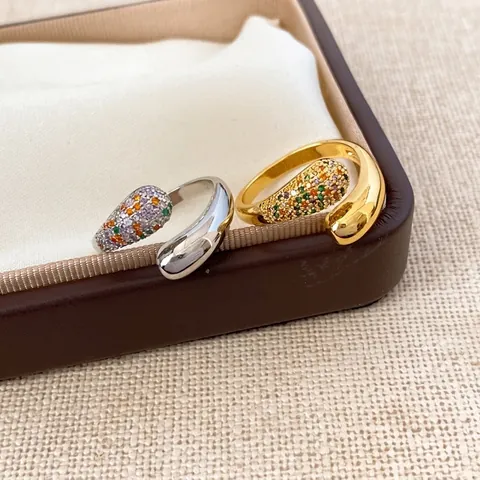 Adjustable Open Ring Copper 18K Gold Plated Multi Color Cubic Zirconia Teardrop Design Fashion Luxury Jewelry For Women