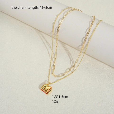 French Vintage Gold Plated Copper Double Layer Necklace With 3D Bubble Initial Letter Pendant Paperclip Chain For Women