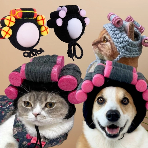 Funny Pet Knitted Hat Humorous Wig With Sponge Curlers For Cats And Dogs Halloween Party Costume Cosplay Adjustable