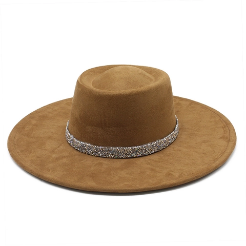 Vintage Suède Fedora Hoed Met Strass Band Brede Rand Elegante Britse Stijl Retro Vilten Pet