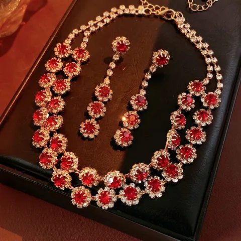 Blumen Strass Doppelstöckige Schlüsselbein Halskette Und Lange Quaste Tropfen Ohrringe Schmuck Kupfer Zirkon Elegant Frauen