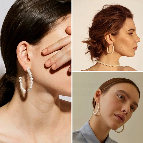 Elegant Artificial Pearl Hoop Earrings Geometric C-Shaped Beaded Minimalist Fashion Jewelry With Silver Earring Post For Women
