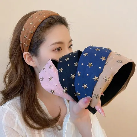 Dames Brede Hoofdband Faux Suède Ster Klinknagels Haarrand Antislip Retro Mode Haar Accessoire