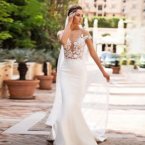 Mermaid Wedding Dress Lace Appliques Deep V Neck Off Shoulder Backless Long Train Elegant White Bridal Gown