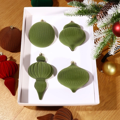 Flocked Christmas Ball Ornaments Velvet Hanging Baubles Ribbed Multi Shape For Holiday Party Tree Home Decor