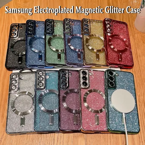 Magnetic Glitter Case For S24 S23 S22 Ultra Plus Electroplated Soft TPU With Lens Protector Ring Stand