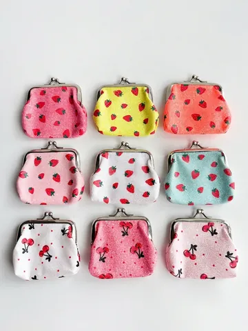 Retro Mini Coin Purse With Glitter Fabric And Fruit Strawberry Cherry Print Metal Kiss-lock Closure For Girls Kids