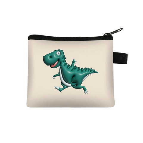 Cartoon Dinosaur Print Coin Purse Cute Polyester Zipper Small Storage Pouch For Kids Students With Side Loop Lightweight