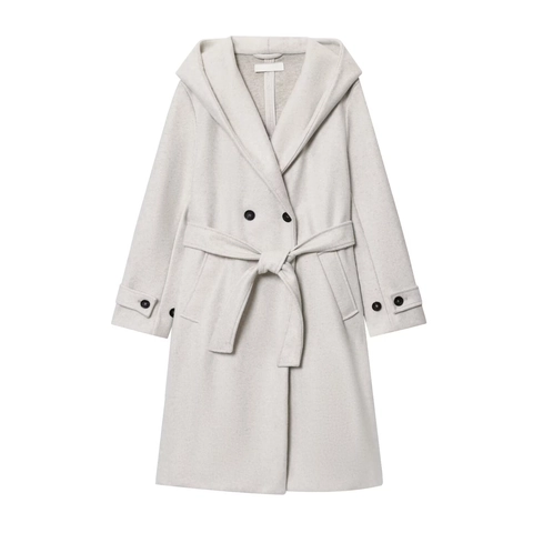 Women Long Hooded Woolen Coat Double Breasted Belted Warm Winter Outerwear Solid Color Elegant Casual Jacket