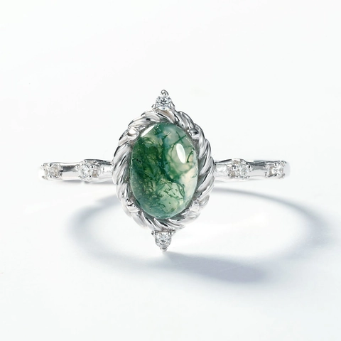 Vintage S925 Sterlingsilber Moosachat Ring Für Damen Naturgrüner Stein Strass Eingelegt Verstellbarer Fingerschmuck