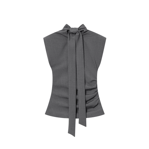 Women Sleeveless Mock Neck Blouse Side Ruching Slim Fit Polyester Twill Elegant Solid Top Grey