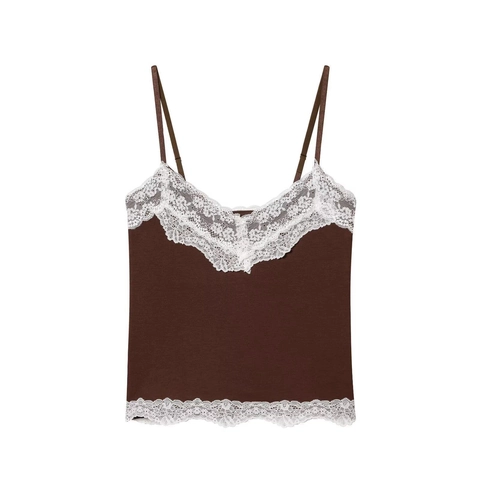 Women Knit Camisole Top Lace Trim V Neck Adjustable Spaghetti Straps Slim Fit Casual Sexy Cropped Tank