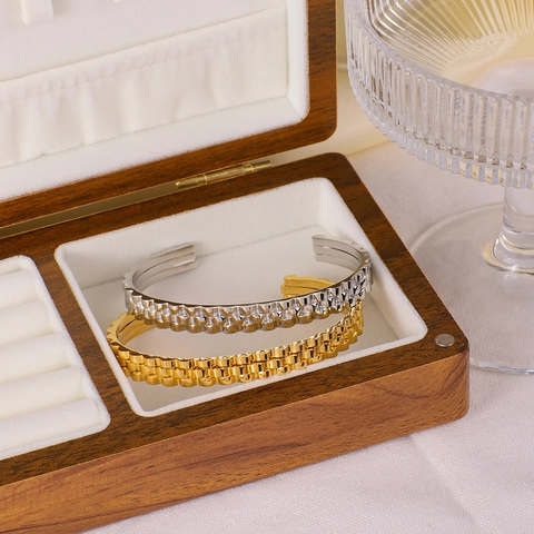 Stainless Steel Cuff Bangle Watch Strap Texture 18K Gold Plated Open Adjustable Minimalist Jewelry For Women