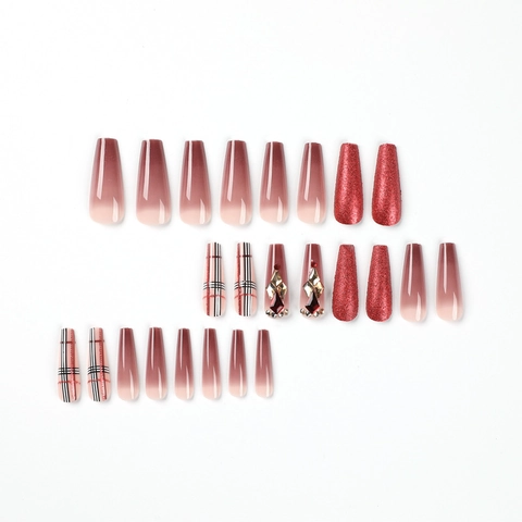 Lange Coffin Press On Nagels Bordeaux Rood Geruit Patroon Met Glitter En Steentjes Luxe Stijl Voor Vrouwen