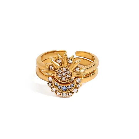 Sonnen Mond Ring 18K Vergoldeter Edelstahl Zirkonia Offen Verstellbar Böhmischer Trendiger Schmuck Für Frauen