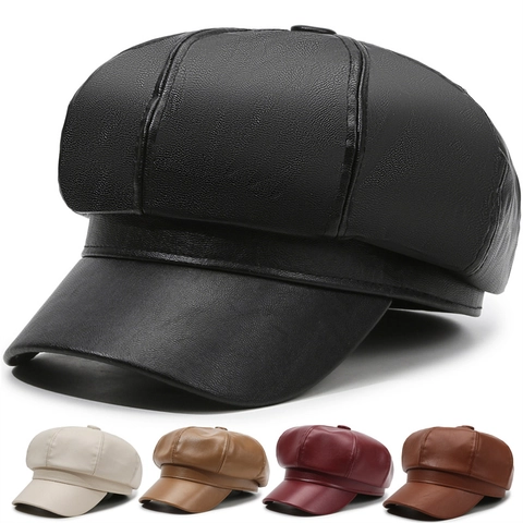 Vintage PU Leather Newsboy Cap For Women British Style Octagonal Hat Solid Color Fashion Flat Top Baker Boy Cap With Metal Chain