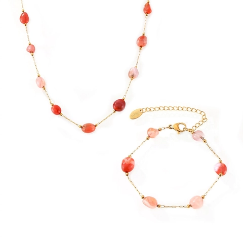 Chinese Style Titanium Steel Agate Beaded Jewelry Set For Women Elegant Gold Silver Color Necklace Bracelet Jewelry Set