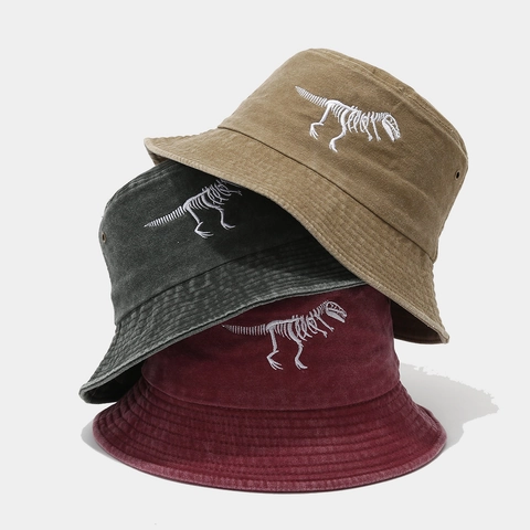Bob Brodé Squelette Dinosaure En Coton Lavé Vintage Streetwear Protection Solaire Chapeau De Pêcheur Extérieur Unisexe
