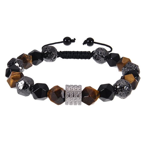 Beaded Bracelet Natural Tiger Eye Lava Stone Obsidian Stainless Steel Charm Handmade Vintage Jewelry Men Women
