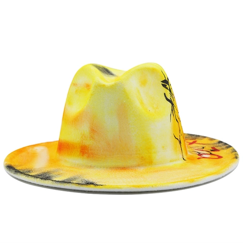 Chapeau Fedora Large Bord Coton Polyester Graffiti Peint À La Main Motif Tigre Streetwear Jazz Artistique Unisexe