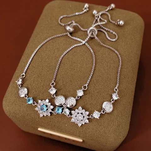 Pulsera Flor Copo De Nieve Cobre Circón Cierre Deslizante Ajustable Gemas Azules Blancas Joyería Elegante Mujer