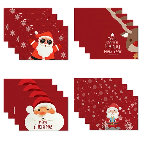 Sets De Table Noël Rouge Polyester Lin Père Noël Renne Imprimé Résistant À La Chaleur Antidérapant Décoration Table Repas