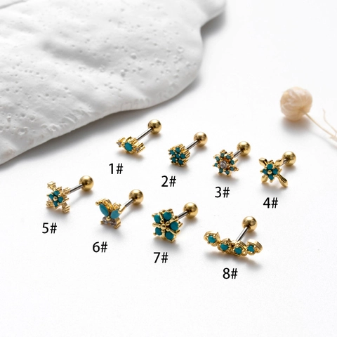 Stainless Steel Cartilage Stud Earrings Copper Inlaid Zircon Turquoise Heart Butterfly Shape Jewelry Women Screw Ball Back