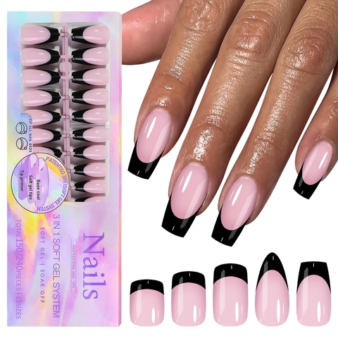 Französische Künstliche Nägel Soft Gel Rosa Schwarz Triple System Künstliche Fingernägel Lange Mandel Quadrat Stil Damen