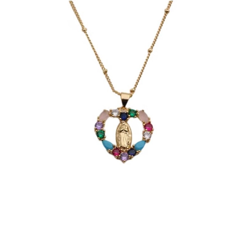 Collar de Pendiente de Virgen María de Cobre Chapado en Oro Zirconia Bohemio para Mujer Religioso Guadalupe Estilo Étnico Regalo