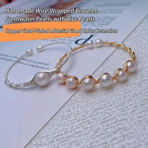 Freshwater Pearl Bracelet Handmade Wire Wrapped Bangle Adjustable Elegant Fashion Jewelry For Women