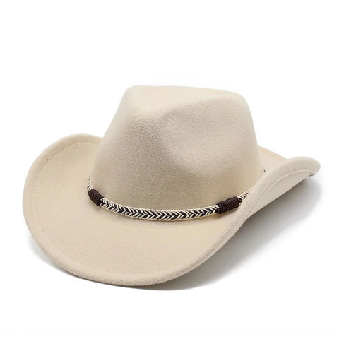 Western Cowboy Hat Wool Felt Fedora With Braided Band Wide Brim Ethnic Style Vintage Outback Hat For Men Women