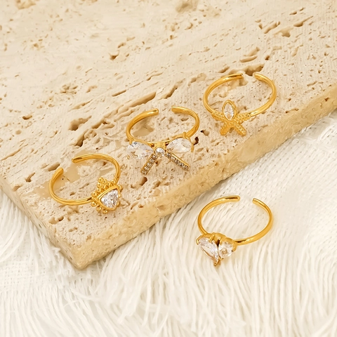 Anello Regolabile Elegante Placcato Oro 18K Acciaio Inossidabile 304 Zircone Cuore Stella Marina Impermeabile Per Donna