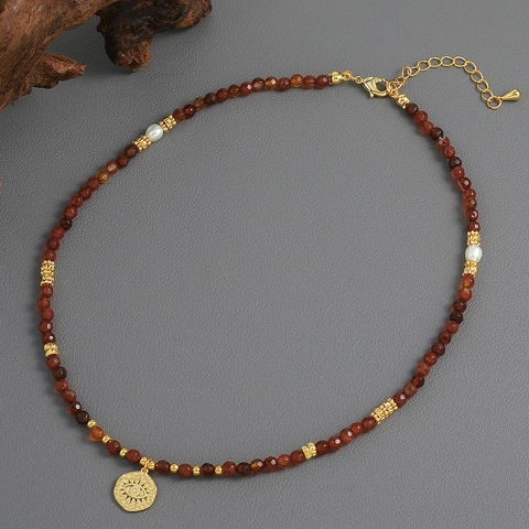 Vintage Natural Stone Beaded Necklace For Women Evil Eye Round Pendant Freshwater Pearl Handmade Boho Choker Jewelry Gift