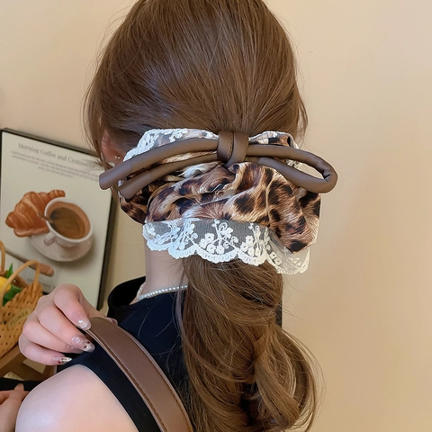 Grandi Elastici Per Capelli Da Donna Vintage Stampa Leopardata Tessuto Di Raso Pieghettato Fasce Elastiche Per Capelli Moda Oversize
