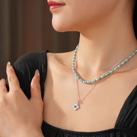 Collana Doppia Strato Etnica Retrò Con Catena In Rame Ciondolo Trifoglio Fiore In Zircone E Perle Di Turchese