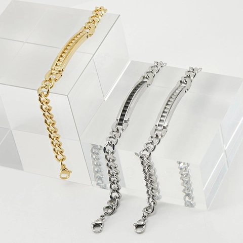 Men Cuban Chain Bracelet 18K Gold Plated Stainless Steel Metal Bar Plate Curb Link Fashion Hip Hop Jewelry