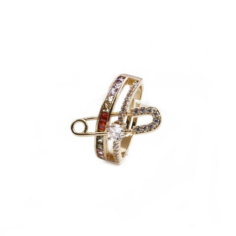 Safety Pin Open Adjustable Ring Copper Gold Plated Colorful Zircon Micro Inlaid Geometric Jewelry