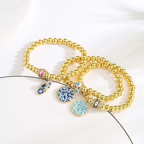 Evil Eye Perlenarmband 18K Vergoldet Kupfer Zirkon Emaille Flip Flop Anhänger Schutz Charm Schmuck Für Frauen Mädchen