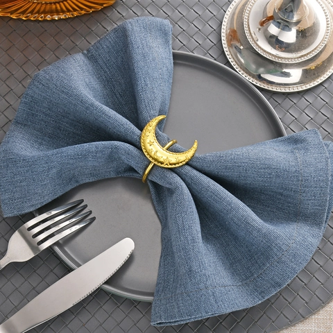 Metal Moon Star Napkin Rings With Enamel And Artificial Pearl Decoration For Festive Dining Table Decorative Gold Holder