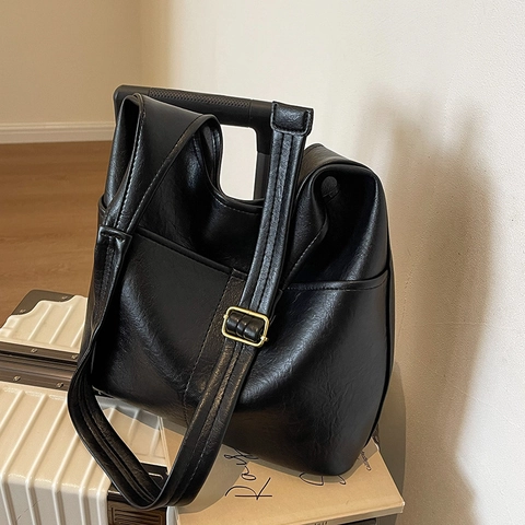 Vintage PU Leather Large Capacity Tote Bag For Women Retro Solid Color Shoulder Crossbody Bag Adjustable Strap Commuting Casual